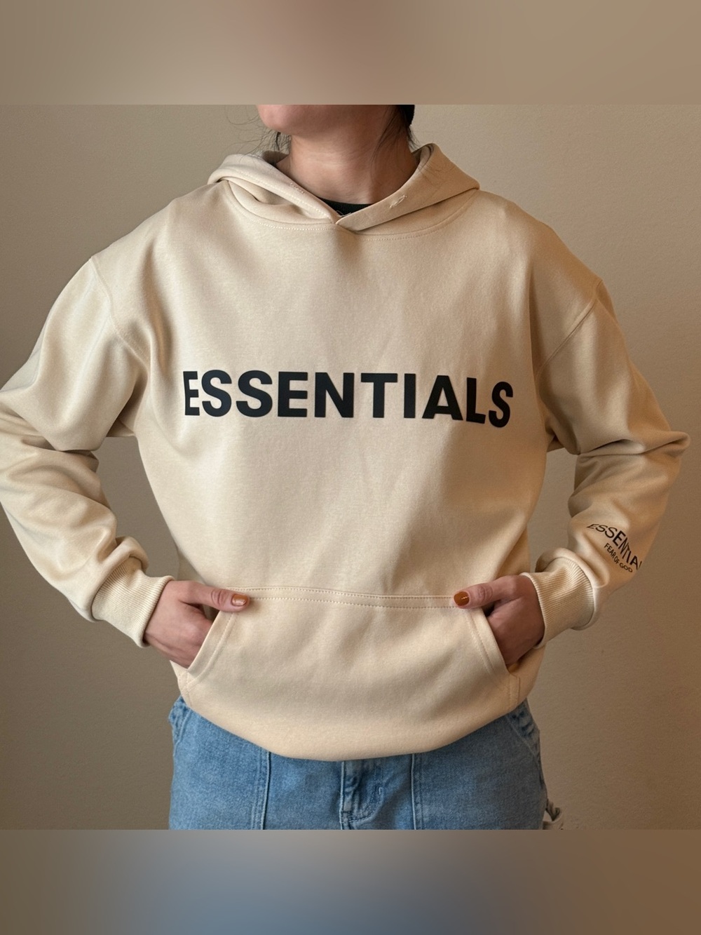 ESSENTIALS Fear of God Men’s Cream With Black Logo Hoodie